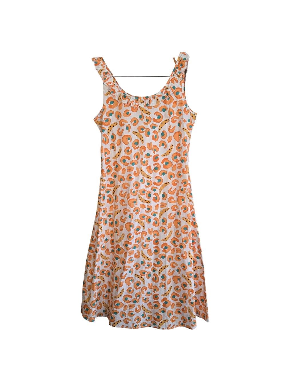 Size Large – Cider White Fruit Print Ruffle-Neck Midi Dress